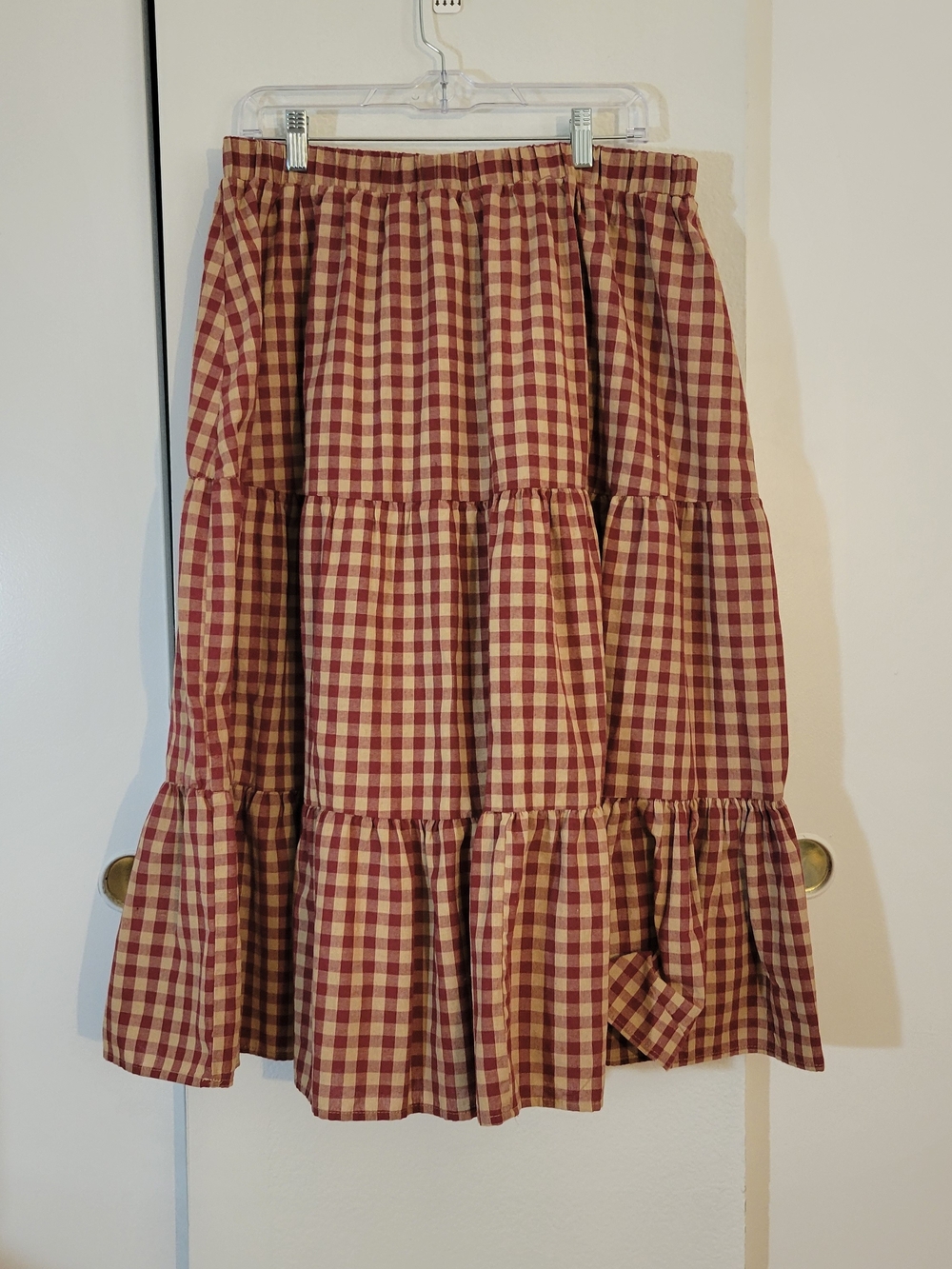 Cider Burgundy and Cream Gingham Tiered Midi Skirt
